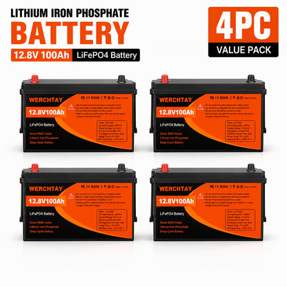 Confezione da 1/2/4 Batteria al Litio Ferro Fosfato, Batteria LiFePO4 12.8V con BMS Intelligente 25.000+ Cicli di Scarica Profonda, 1280Wh Protezione a Bassa Temperatura Integrata, Batteria Marina Adatta per Elettrodomestici, Camper Solari, Accumulo di En