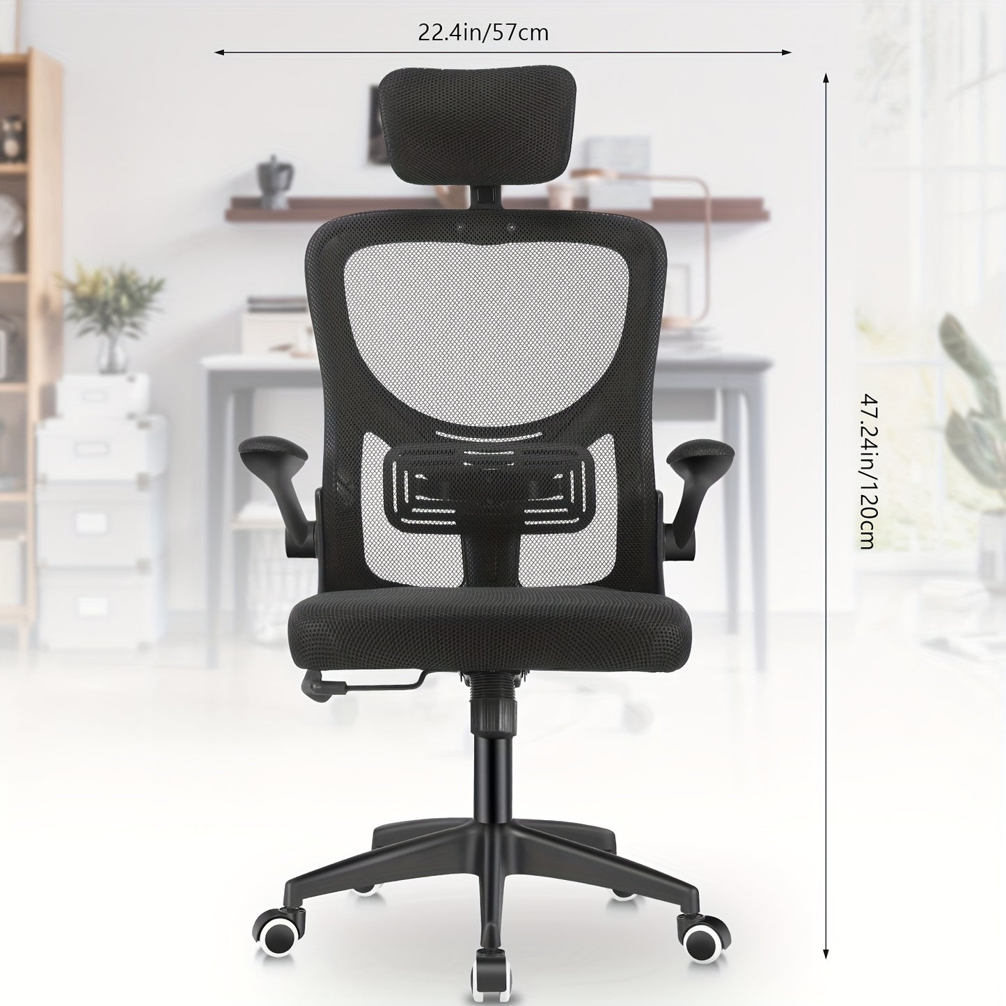 Sedia da ufficio ergonomica per scrivania computer, sedia da ufficio domestica con schienale alto, braccioli ribaltabili e supporto lombare per studio a casa o lavoro manageriale, bianco e nero