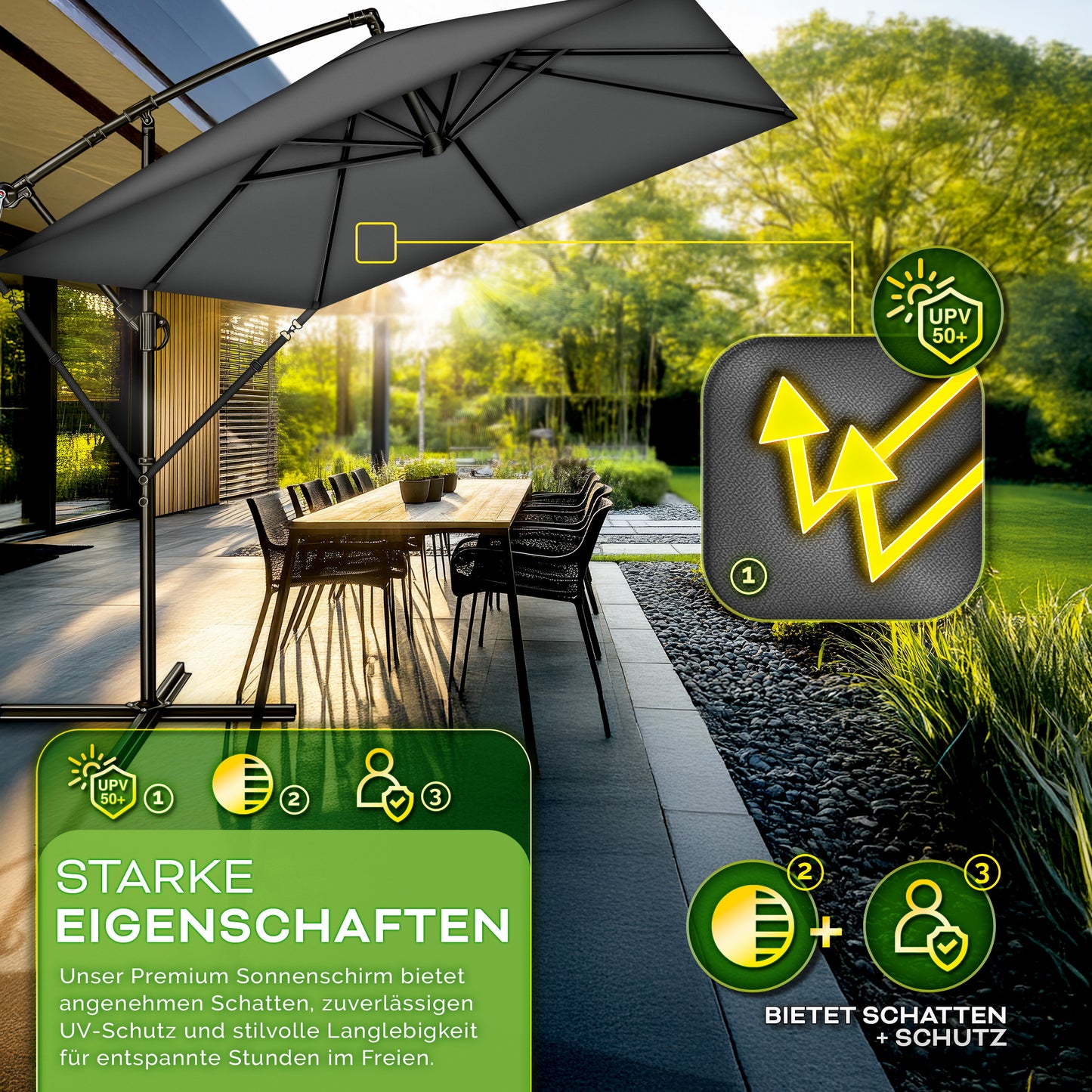 Tillvex® Parasole Rettangolare in Alluminio Ø 330 Cm + Copertura con Manovella | Schermo Angolare a Luce Rossa con Supporto & Parabrezza | Grande Parasole da Giardino in Alluminio Protezione UV | Schermo con Manovella Impermeabile Girevole a 360° per Terr