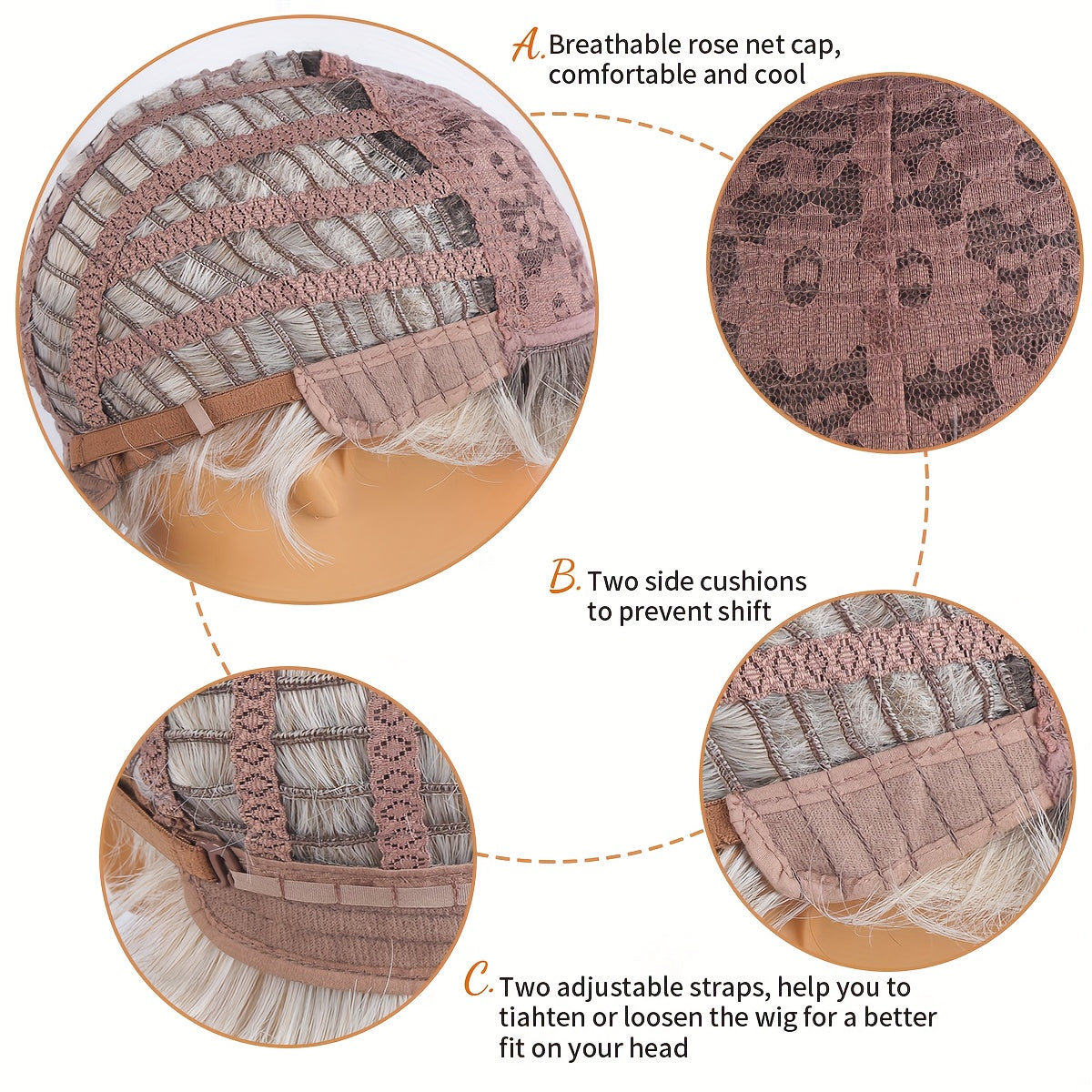 Parrucca riccia da donna sfumata grigio-marrone con radici scure, parte centrale e parte laterale - Fibra sintetica resistente al calore, cuffia traspirante a rete di rose, capelli sintetici dall'aspetto naturale, vestibilità aderente, outfit da festa ann