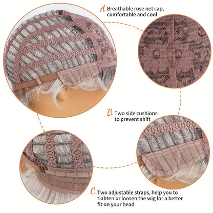 Parrucca riccia da donna sfumata grigio-marrone con radici scure, parte centrale e parte laterale - Fibra sintetica resistente al calore, cuffia traspirante a rete di rose, capelli sintetici dall'aspetto naturale, vestibilità aderente, outfit da festa ann