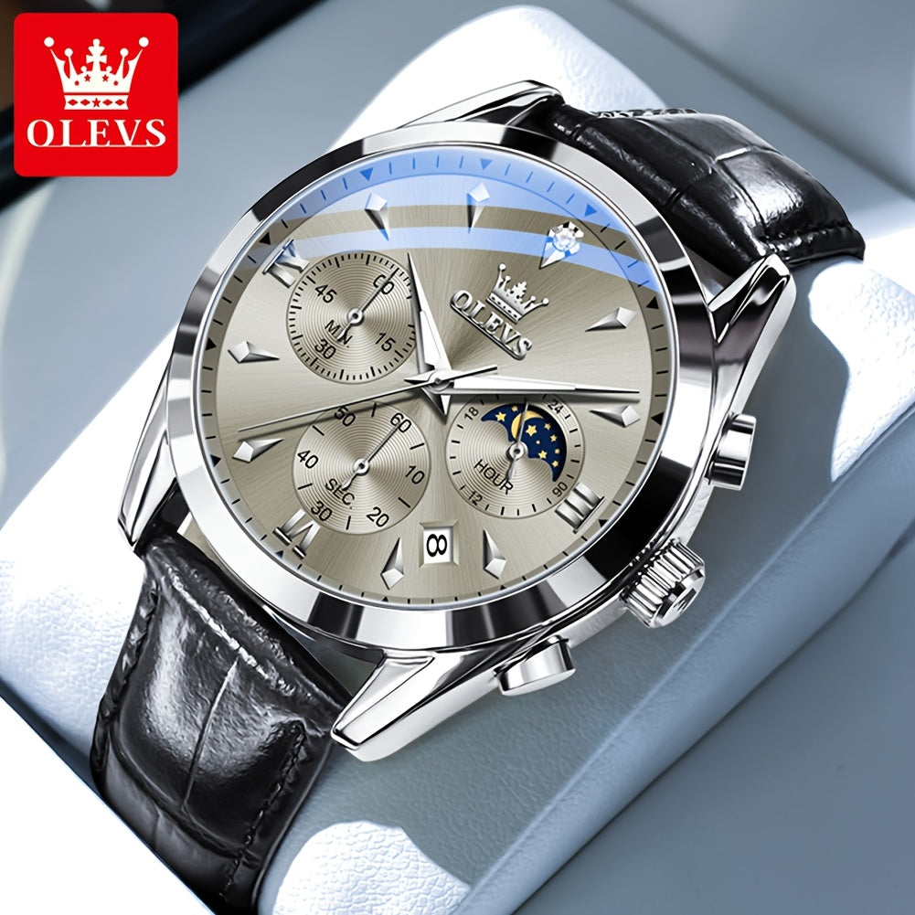 OLEVS Orologio da Uomo Classico Cronografo Cuoio Marrone Cassa Dorata Analogico Quarzo Moda Business Abito Quadrante Grande Orologio da Uomo Giorno Data Luminoso Casual Orologio da Polso Maschile Regali Romantici Relojes De Hombre Quadrante Blu/Nero/Bianc