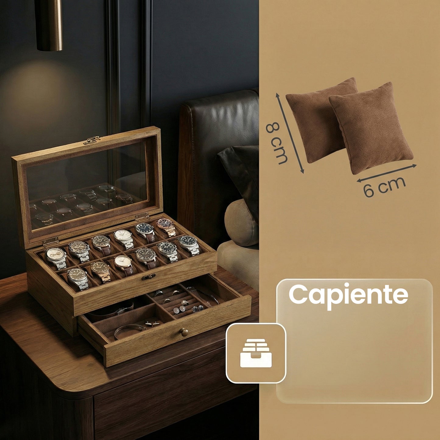 Scatola per Orologi, Porta Orologi in Legno, Scatola Portaorologi a 2 Livelli, 12 Posti, con Coperchio in Vetro, Cuscinetti per Orologi, Rivestimento in Velluto, scatola di conservazione a grande capacità per la casa, scelta ideale per i regali, scomparti