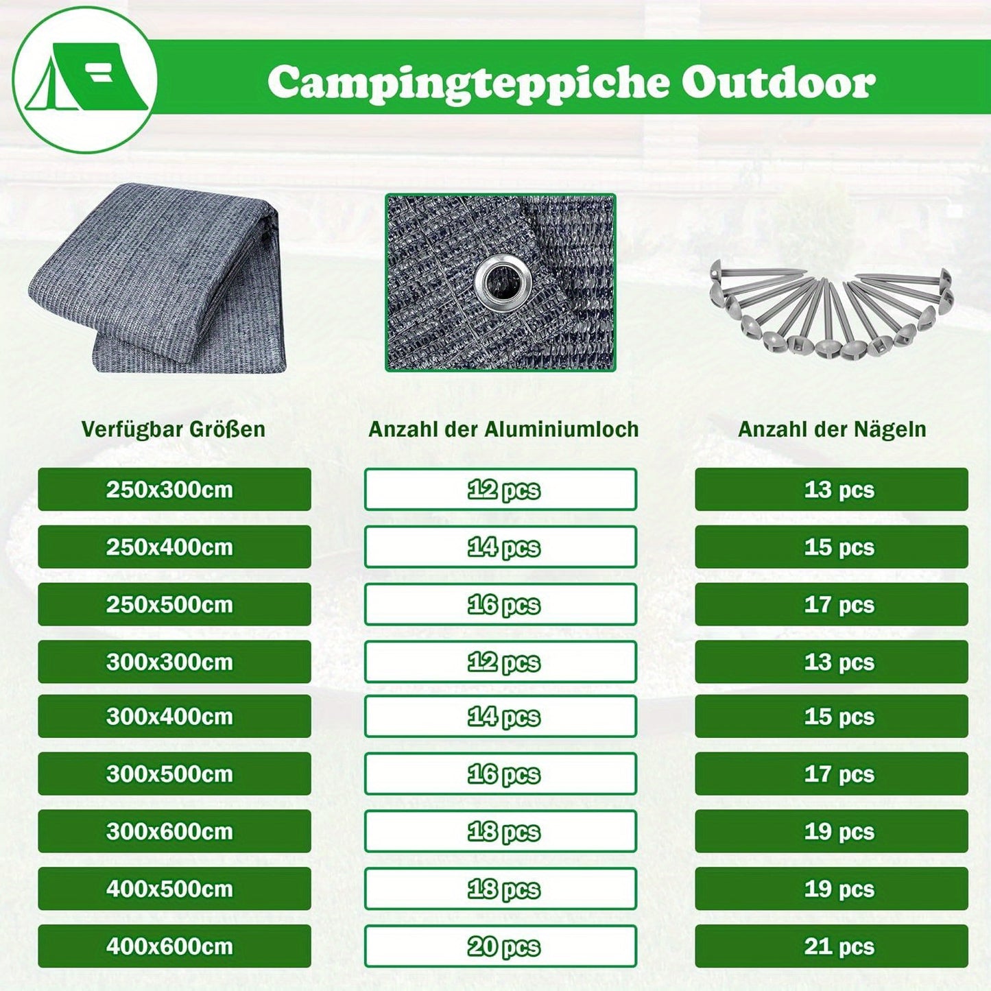 Tappeto per tenda da campeggio in HDPE, set di tappeti da campeggio con borsa per il trasporto e picchetti, tappeto traspirante per tenda, pavimento antiscivolo per tenda, pavimenti pieghevoli per tende per escursioni, campeggio, picnic (grigio blu)