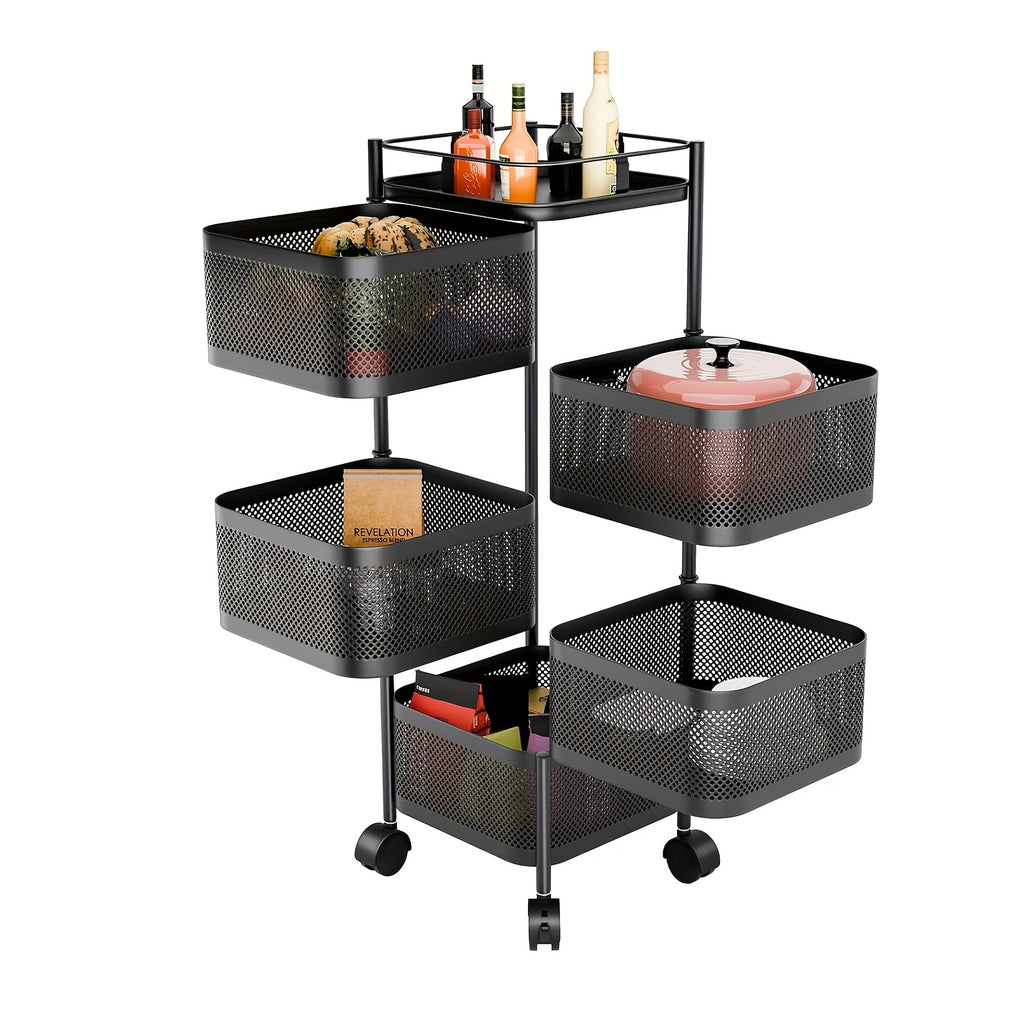 Carrello Girevole a 5 Ripiani per Cucina con Ruote, Struttura in Metallo Robusto, Ideale per Dispensa, Portafrutta, Verdure, Carrello Salvaspazio per Uso Domestico o Commerciale, Scaffale Autoportante