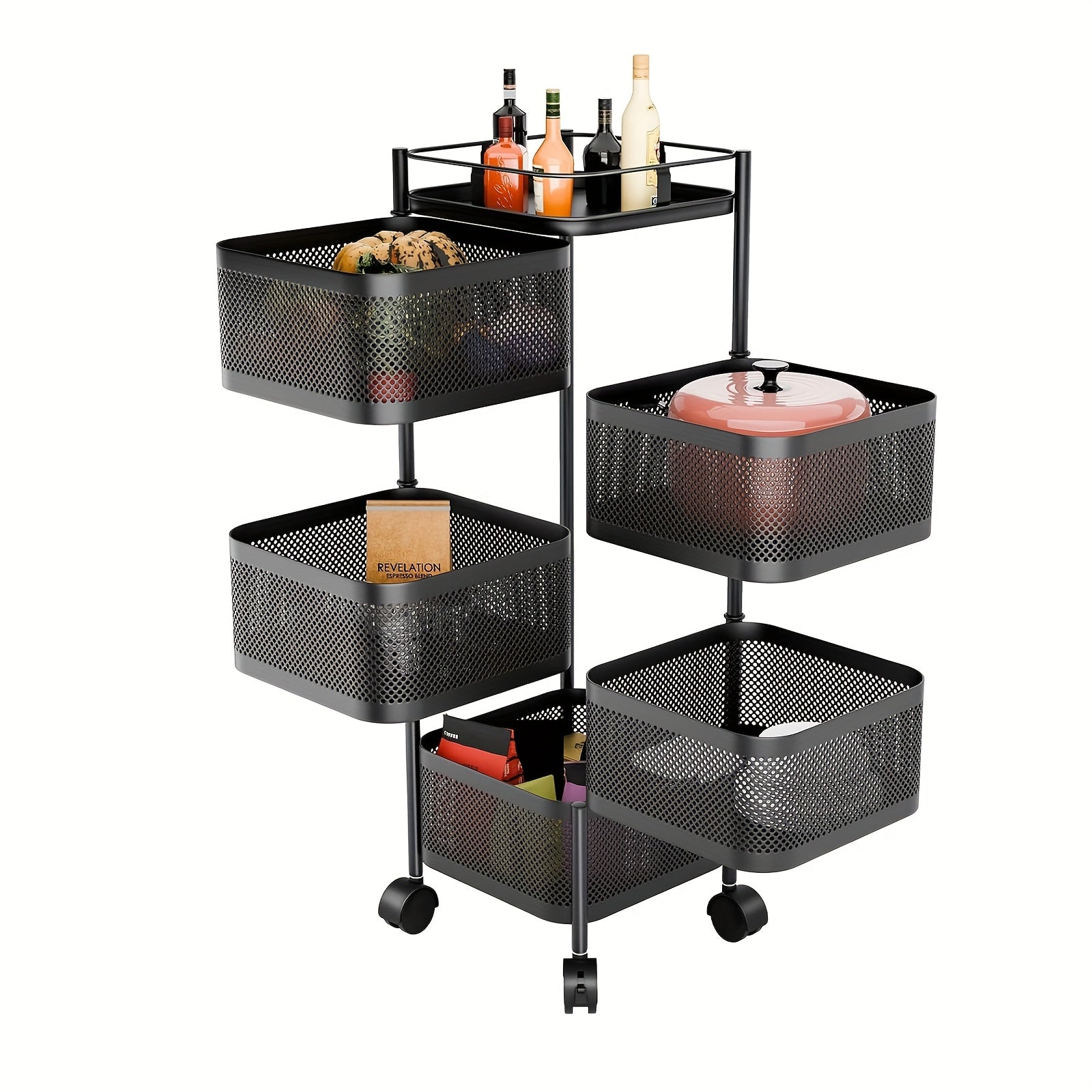 Carrello Girevole a 5 Ripiani per Cucina con Ruote, Struttura in Metallo Robusto, Ideale per Dispensa, Portafrutta, Verdure, Carrello Salvaspazio per Uso Domestico o Commerciale, Scaffale Autoportante