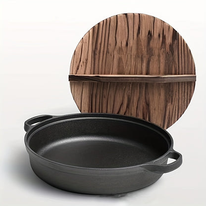 Pentola in ghisa a doppia bocca da 25CM con coperchio in legno, materiale in ghisa di alta qualità, conduzione uniforme del calore, supporta cottura a vapore, friggere, stufare e bollire, adatta per piani cottura a induzione, fornelli in ceramica e fiamme