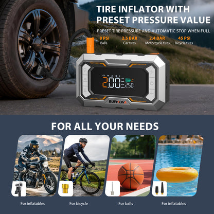 Avviatore di emergenza per auto 8000A con compressore d'aria, pompa di gonfiaggio cordless per pneumatici, booster di batteria con power bank e torce a LED, doppio display della pressione dell'aria