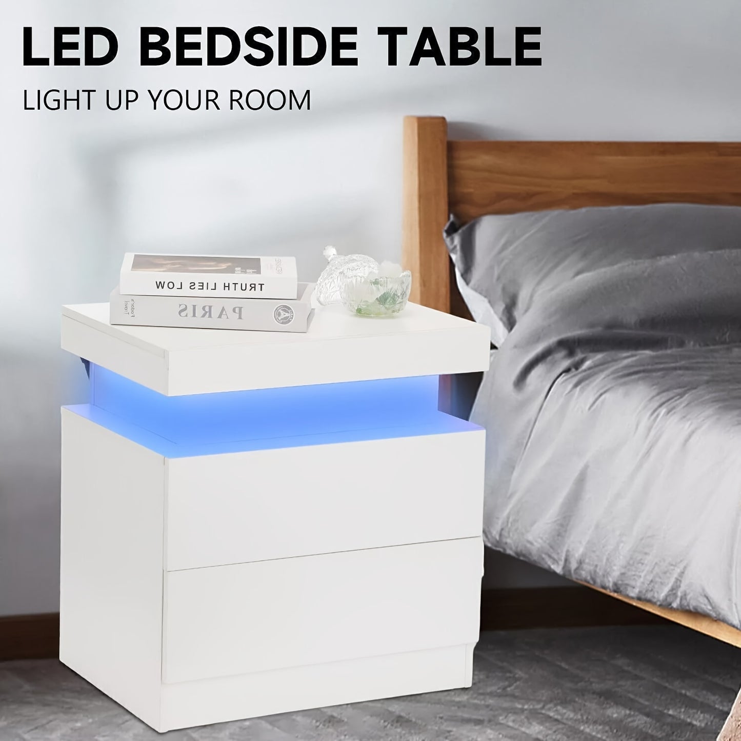 Comodino moderno con luce LED, 2 cassetti e 3 cassetti, comò a cassetti a specchio lucido, tavolino da notte per camera da letto e soggiorno