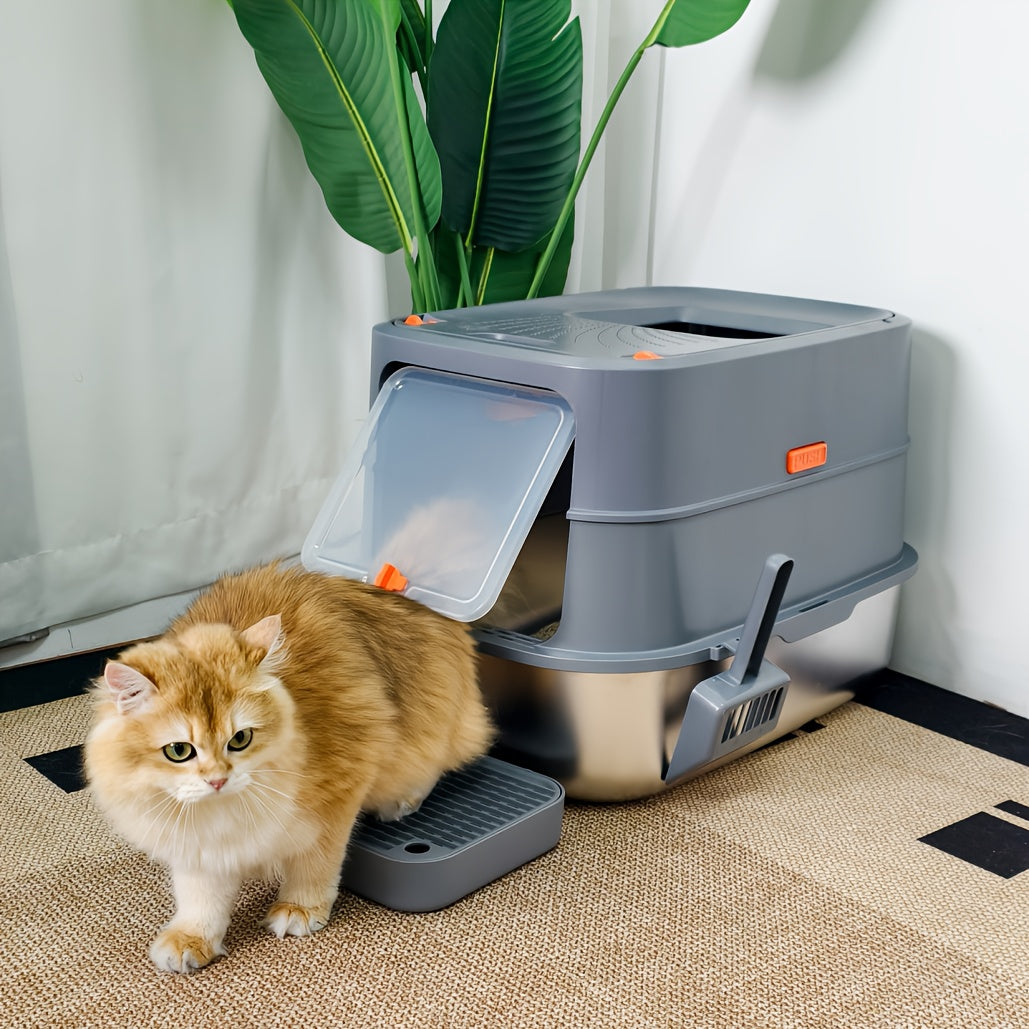 Lettiera per gatti extra large in acciaio inossidabile con coperchio - Misura XL, sponde alte, a prova di perdite, design facile da pulire, include paletta - Adatta per più gatti e razze di grandi dimensioni