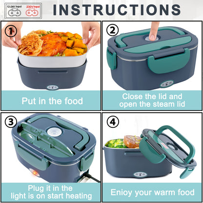 Portapranzo verde 80 W 1,5L in acciaio inossidabile, scatola per pane portatile staccabile con riscaldamento a V per auto/camion/ufficio, con borsa termica