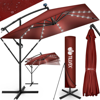 Tillvex® Tenda da Sole Rettangolare in Alluminio con LED Solare Ø 330 Cm + Copertura con Manovella | Ombrello Angolare con Luce Stradale, Supporto e Parabrezza | Grande Ombrello da Giardino in Alluminio con Protezione UV | Ombrello con Manovella, Ombrello