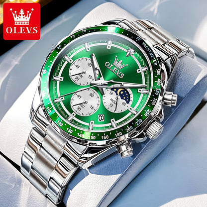 OLEVS Orologi da Uomo con Quadrante Fase Lunare Acciaio Inossidabile/Cinturino in Pelle Cronografo Lusso Business Abito Analogico Quarzo Orologi da Uomo Classici Casual Eleganti Orologi da Polso Quadrante Luminoso Nero/Bianco/Blu/Verde