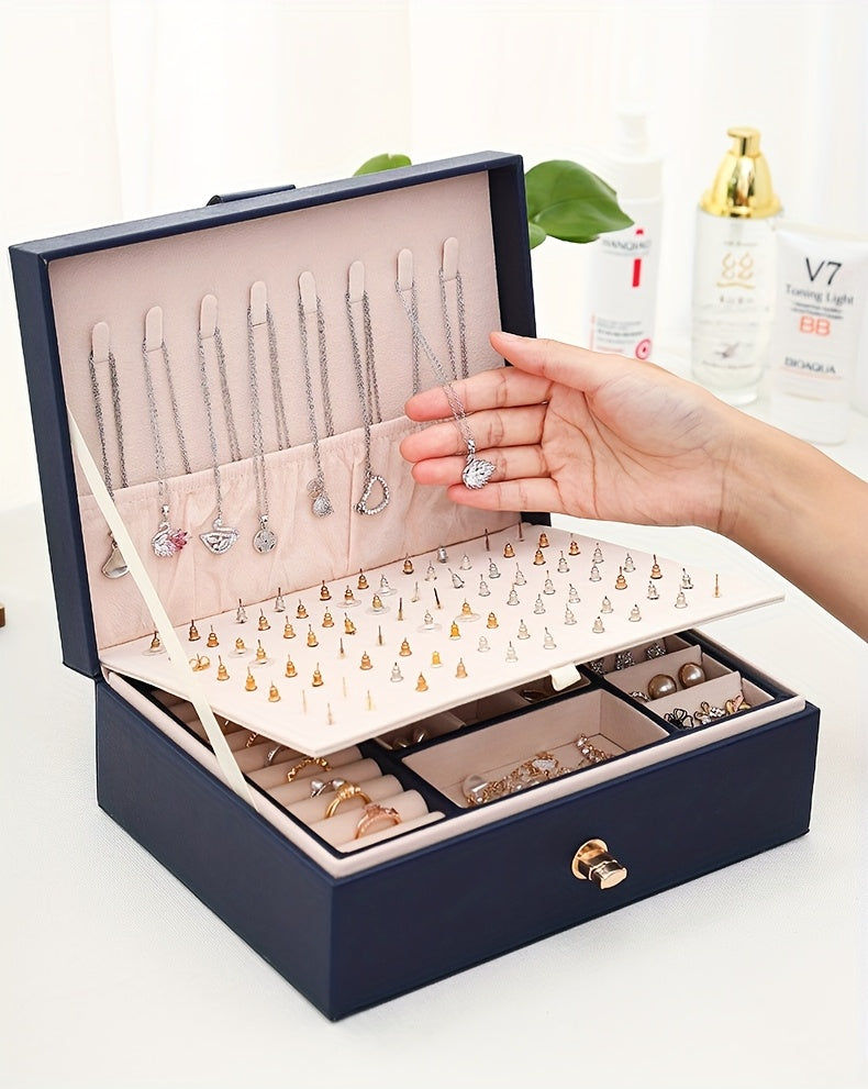 Organizzatore di gioielli di lusso a più livelli con ampio spazio per collane, orecchini, borchie, bracciali e altro, realizzato in ecopelle