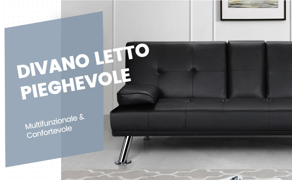 Costoffs Divano Letto a 3 Posti Divano Trasformabile con 2 Braccioli Staccabili Mobile Imbottito con Supporto Centrale Porta Bicchieri Divanetto Reclinabile da Salotto