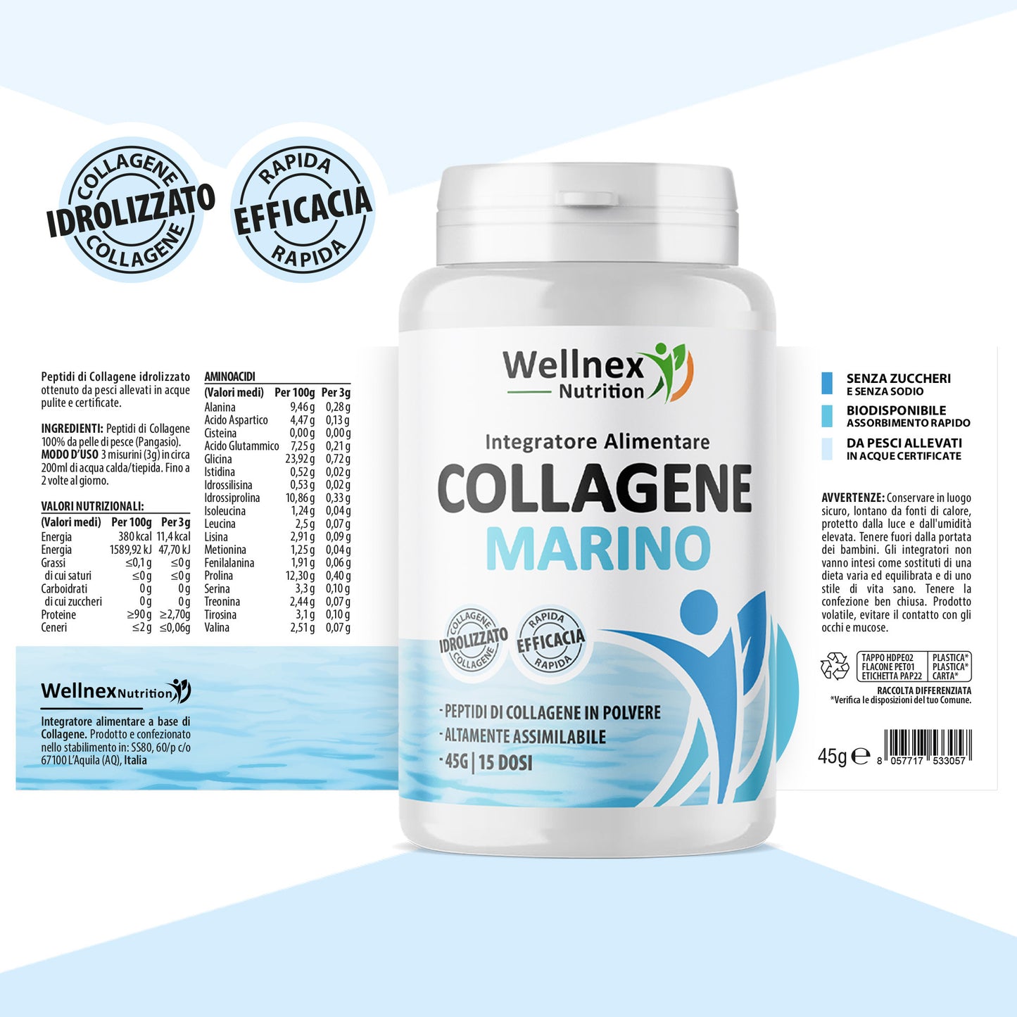 Collagene Marino Idrolizzato 45g | Integratore Alimentare - 15 Dosi | Peptidi di Collagene da pelle di Pangasio, fonte di Aminoacidi e Proteine | Wellnex Nutrition