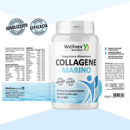 Collagene Marino Idrolizzato 45g | Integratore Alimentare - 15 Dosi | Peptidi di Collagene da pelle di Pangasio, fonte di Aminoacidi e Proteine | Wellnex Nutrition