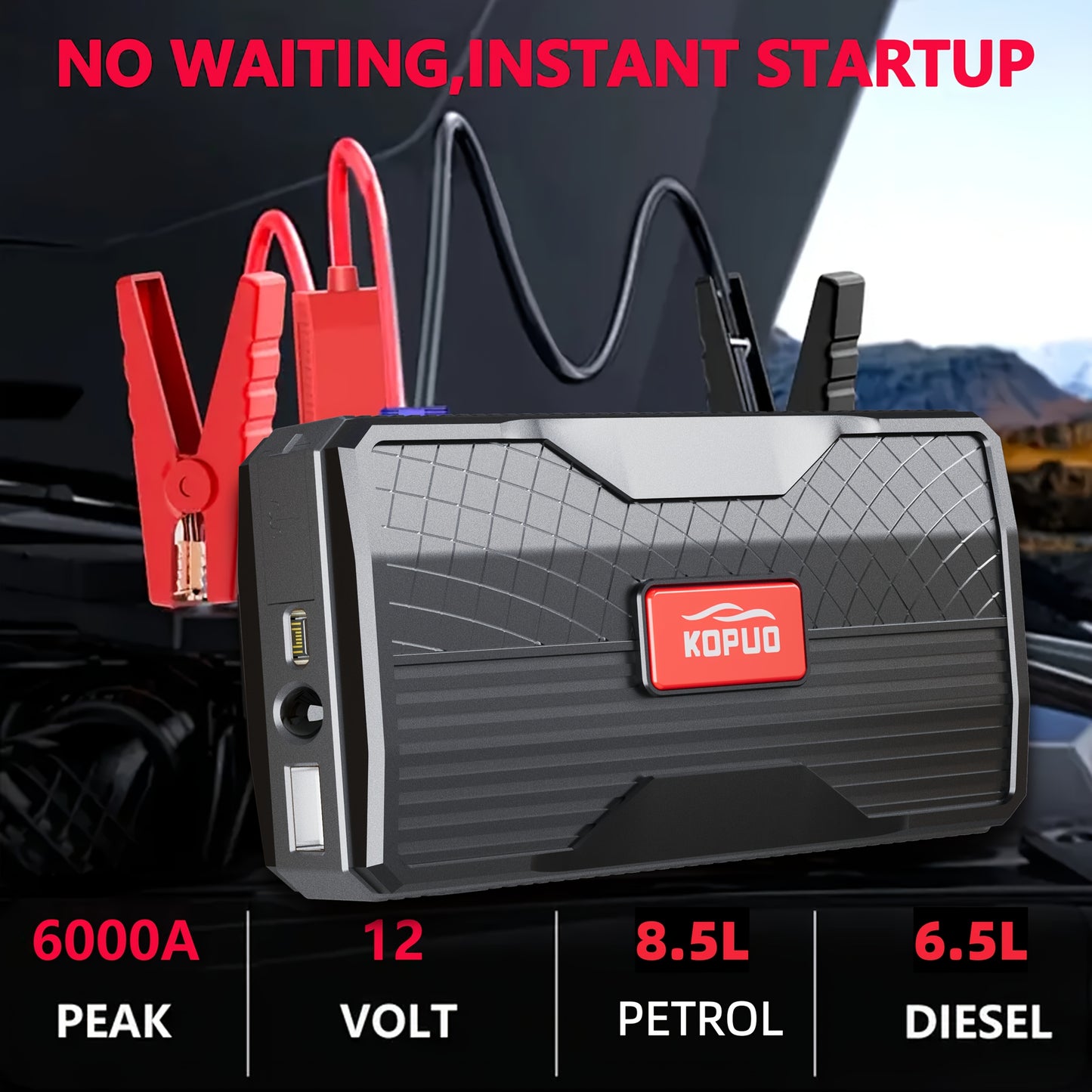 KOPUO Avviatore di Emergenza per Auto, Voiture Portatile: Batteria di Avviamento di Emergenza 9600/12800 Mah con Luce LED, Adatto per l'Avviamento di Auto a Benzina e Diesel a 12V - Accessori Auto, Ideale per Proprietari di Auto in Situazioni di Emergenza