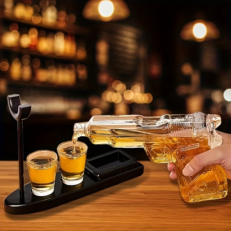 Set, caraffa da whisky da 230 ml/7.78 oz e due bicchieri da vino rosso da 50 ml/1.69 oz con base in legno, set pistola per whisky e vino, combinazione di caraffe in vetro, shaker da cocktail originale, regalo per fidanzato, papà o fratello