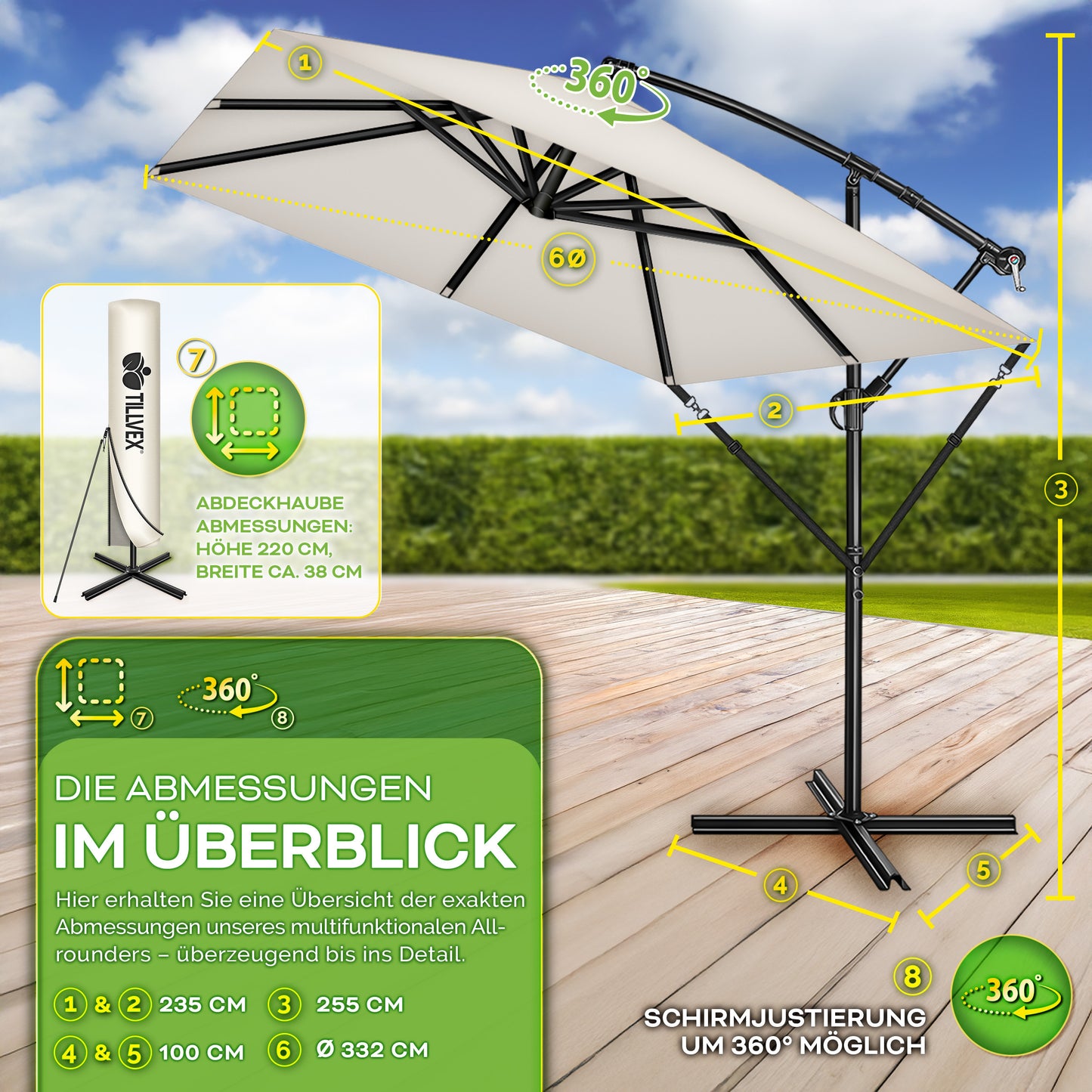 Tillvex® Parasole Rettangolare in Alluminio Ø 330 Cm + Copertura con Manovella | Schermo Angolare a Luce Rossa con Supporto & Parabrezza | Grande Parasole da Giardino in Alluminio Protezione UV | Schermo con Manovella Impermeabile Girevole a 360° per Terr