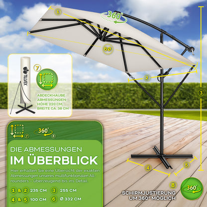 Tillvex® Parasole Rettangolare in Alluminio Ø 330 Cm + Copertura con Manovella | Schermo Angolare a Luce Rossa con Supporto & Parabrezza | Grande Parasole da Giardino in Alluminio Protezione UV | Schermo con Manovella Impermeabile Girevole a 360° per Terr