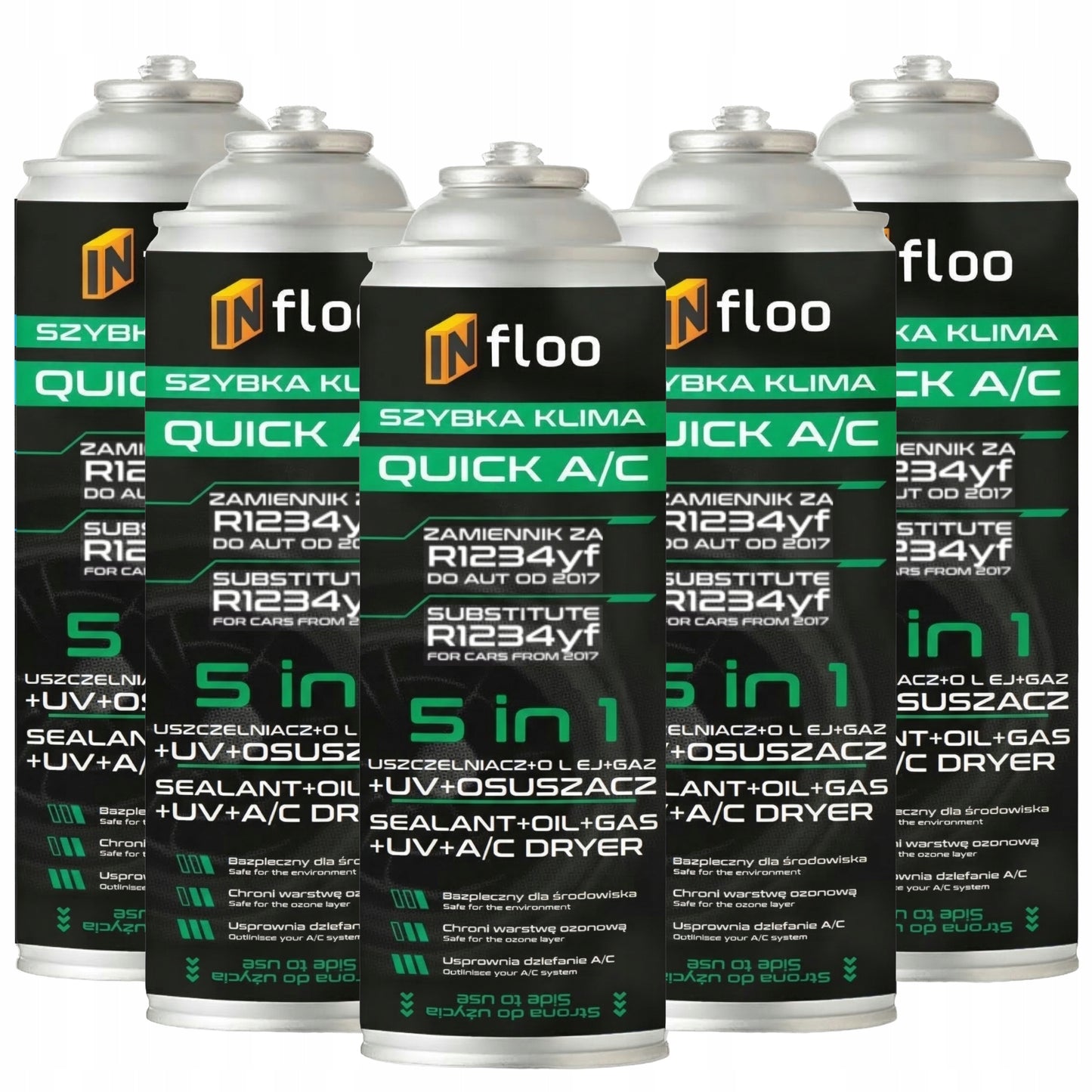 Infloo Set 5X QUICK A/C R1234Yf 5W1 Gas UV Sealer Asciugatore Refrigerante per Auto dal 2017 Anno Auto-Rifornimento Sistema di Aria Condizionata Raffreddamento Rapido, Rimozione dell'Umidità e Sigillatura del Sistema in un Pacchetto