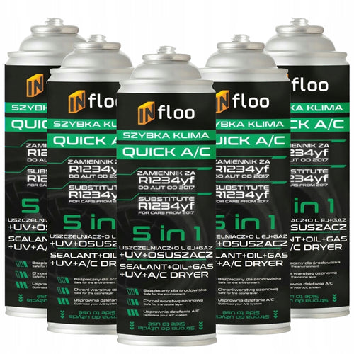 Infloo Set 5X QUICK A/C R1234Yf 5W1 Gas UV Sealer Asciugatore Refrigerante per Auto dal 2017 Anno Auto-Rifornimento Sistema di Aria Condizionata Raffreddamento Rapido, Rimozione dell'Umidità e Sigillatura del Sistema in un Pacchetto