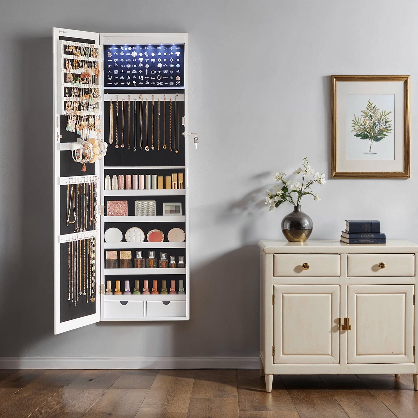Armadietto Portagioie da Parete o Porta, con Specchio e 6 Lampadine LED, Serratura