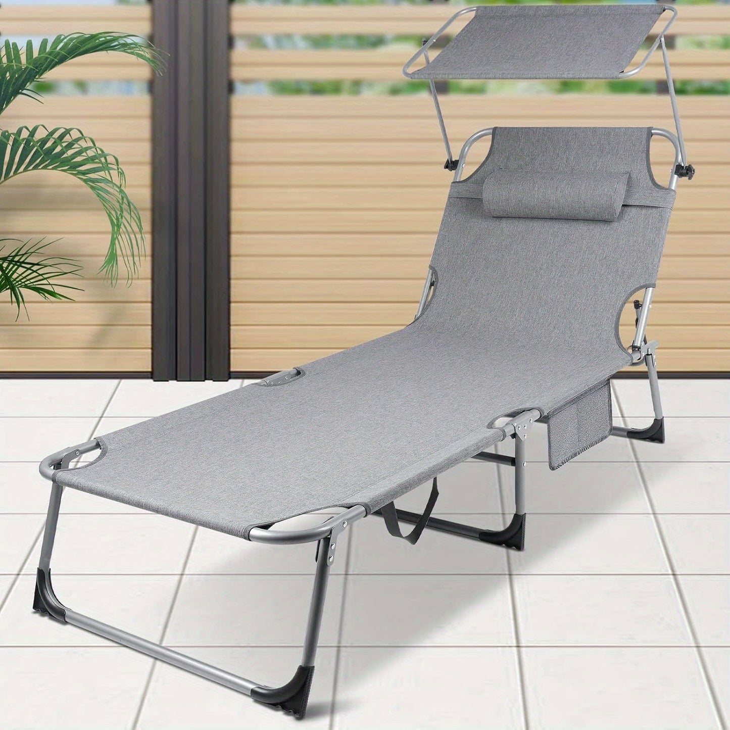 Lettino prendisole Aweioo con copertura, lettino da giardino con poggiatesta e maniglia, tasche laterali, superficie reclinabile extra larga, schienale regolabile e protezione solare, lettino da spiaggia pieghevole
