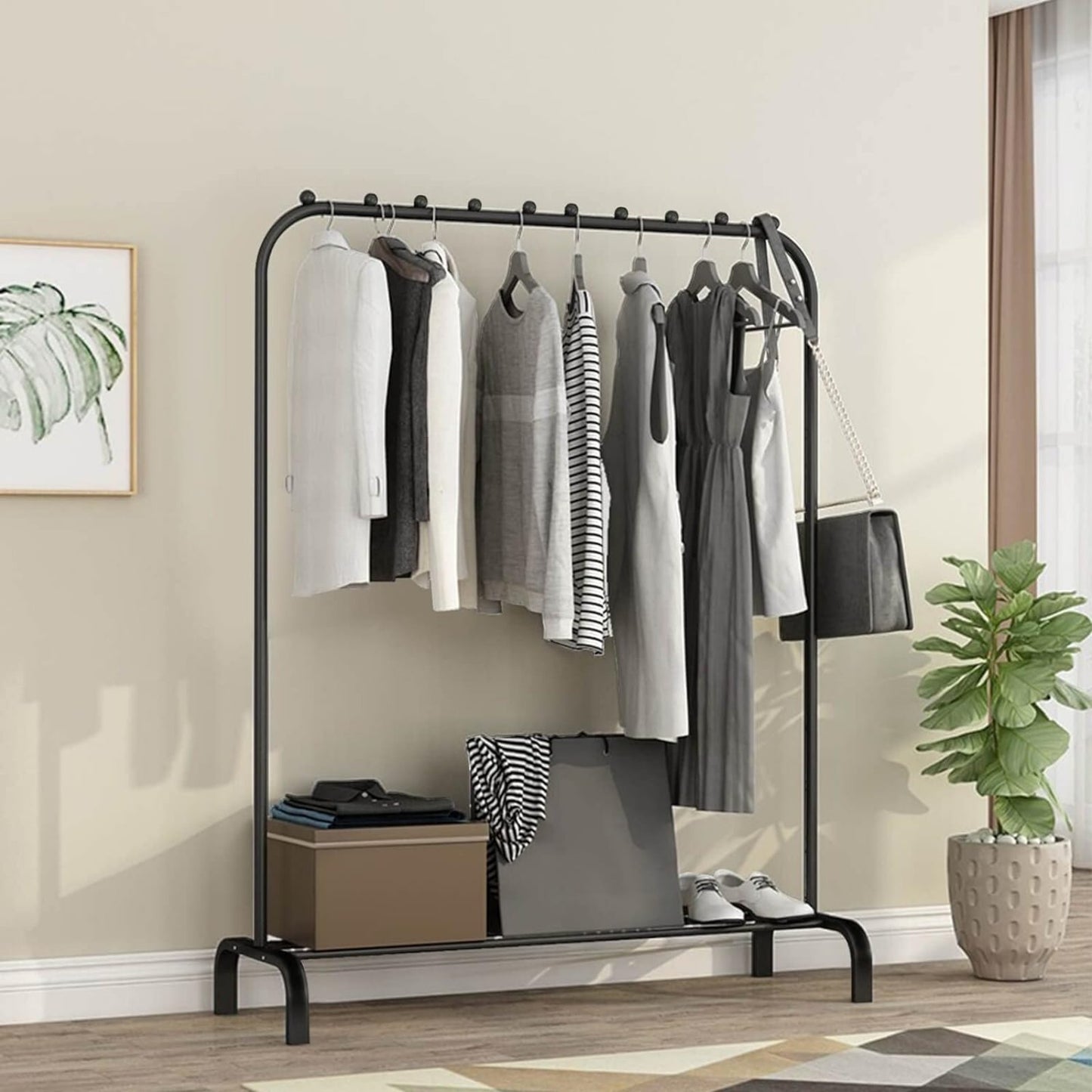 Stendibiancheria autoportante Appendiabiti Stendino in metallo per camera da letto con ripiano inferiore portaoggetti, portascarpe, appendiabiti per camera da letto 146 x 110 x 40 cm (nero)