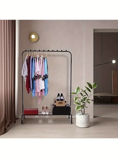 Stendibiancheria autoportante Appendiabiti Stendino in metallo per camera da letto con ripiano inferiore portaoggetti, portascarpe, appendiabiti per camera da letto 146 x 110 x 40 cm (nero)