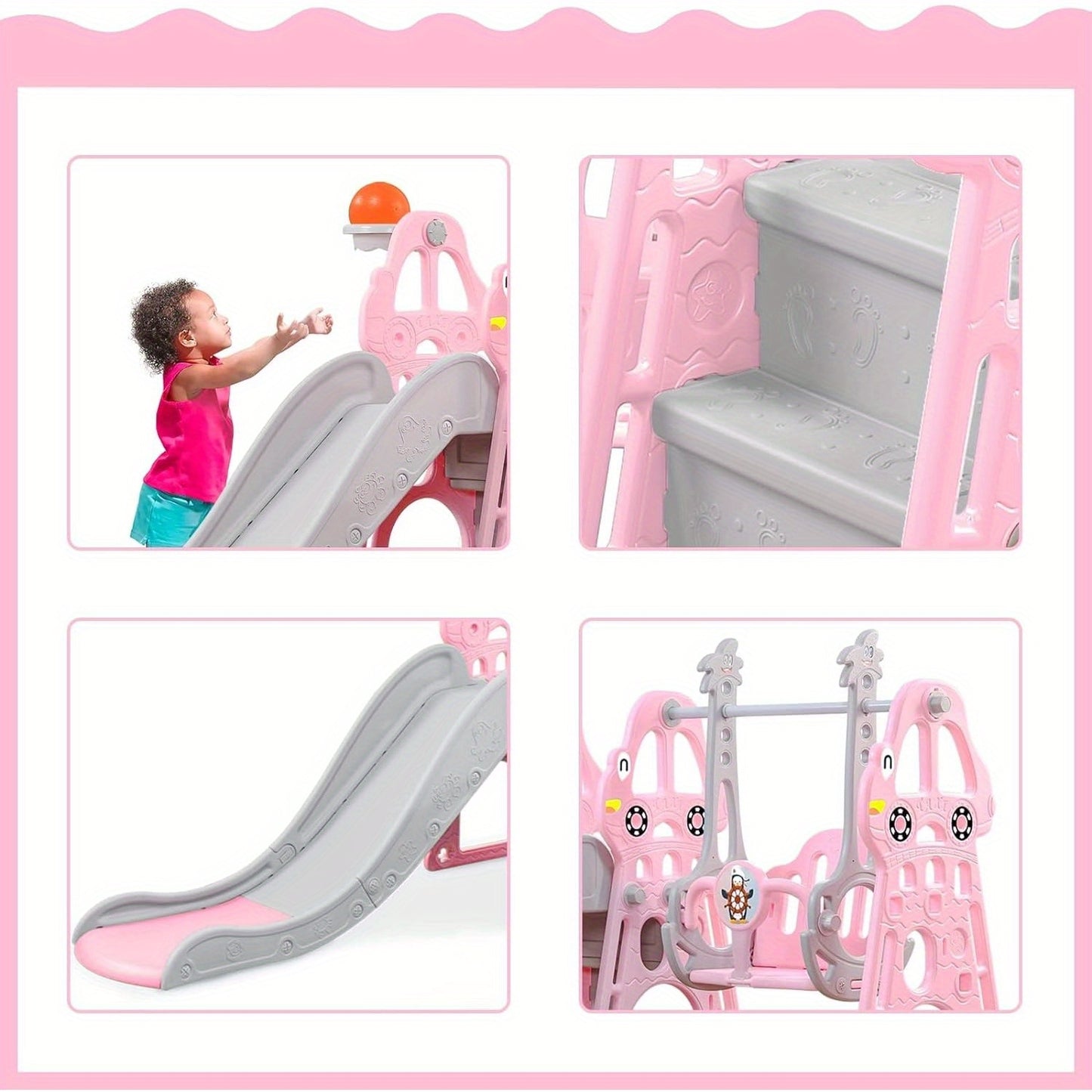 Scivolo e Altalena 4 in 1 per Bambini, Scala Autonoma con Canestro da Basket, Scivolo Extra Lungo, Facile Montaggio, Giocattoli per Ragazzi e Ragazze