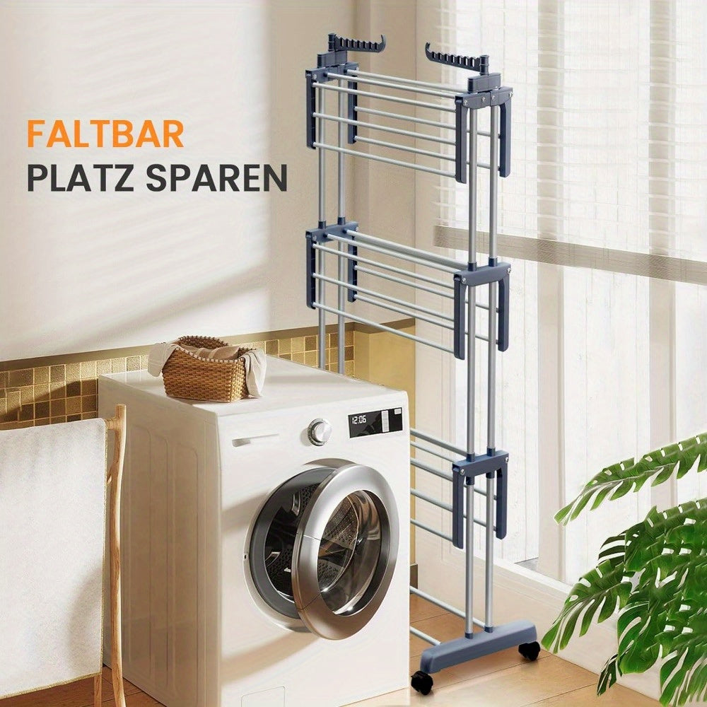 Stendibiancheria Verticale Pieghevole a 4 Ripiani - Torre Lavanderia Robusta in Acciaio Inox su Ruote, Design Salvaspazio per Uso Interno/Esterno, Stendino per Bucato, Stoccaggio Interno, Stoccaggio Compatto, Struttura Robusta, Ideale per Appartamenti, St