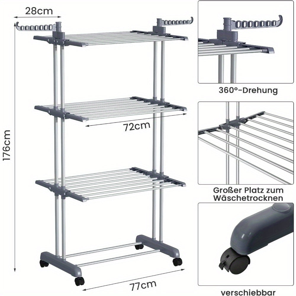 Stendibiancheria Verticale Pieghevole a 4 Ripiani - Torre Lavanderia Robusta in Acciaio Inox su Ruote, Design Salvaspazio per Uso Interno/Esterno, Stendino per Bucato, Stoccaggio Interno, Stoccaggio Compatto, Struttura Robusta, Ideale per Appartamenti, St