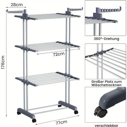 Stendibiancheria Verticale Pieghevole a 4 Ripiani - Torre Lavanderia Robusta in Acciaio Inox su Ruote, Design Salvaspazio per Uso Interno/Esterno, Stendino per Bucato, Stoccaggio Interno, Stoccaggio Compatto, Struttura Robusta, Ideale per Appartamenti, St