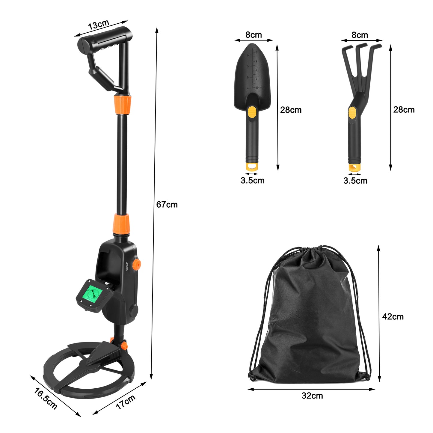 Metal detector con pala e borsa da trasporto, set metal detector con display a lancetta meccanica e segnali acustici (2 modelli disponibili)