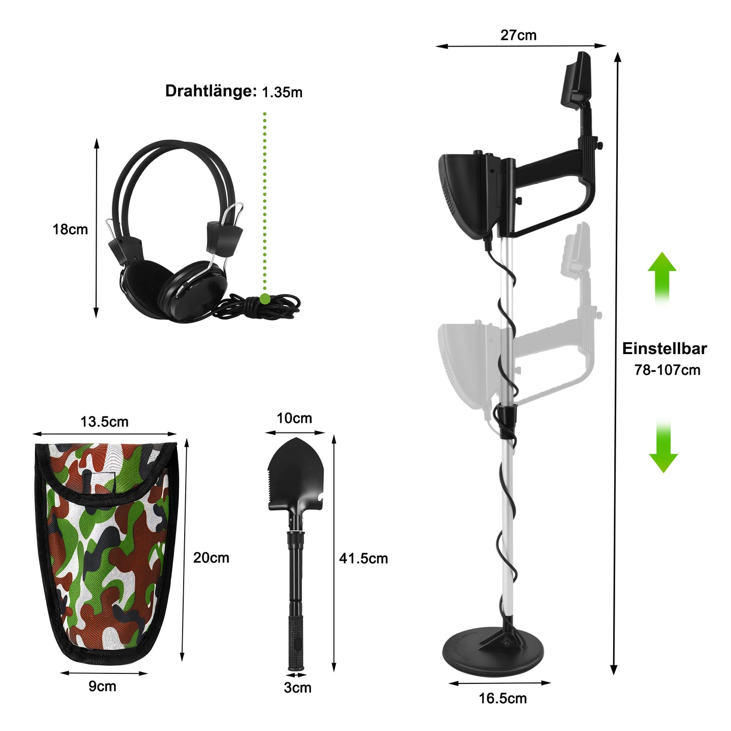 Metal detector con pala e borsa da trasporto, set metal detector con display a lancetta meccanica e segnali acustici (2 modelli disponibili)