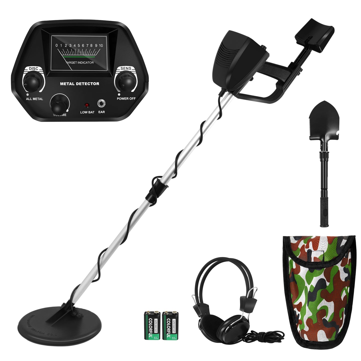 Metal detector con pala e borsa da trasporto, set metal detector con display a lancetta meccanica e segnali acustici (2 modelli disponibili)