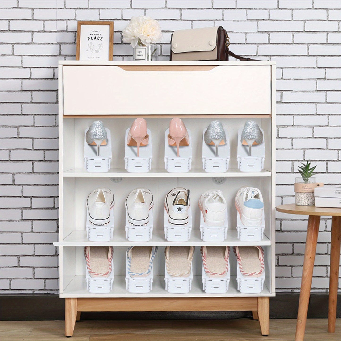 10 pezzi 30 pezzi Organizer per scarpe regolabili in materiale PP Impilatore per scarpe antiscivolo con organizer per scarpe regolabile in altezza a 3 altezze Set di impilatori per scarpe a doppio strato Risparmio di spazio Scarpiera Bianco Nero