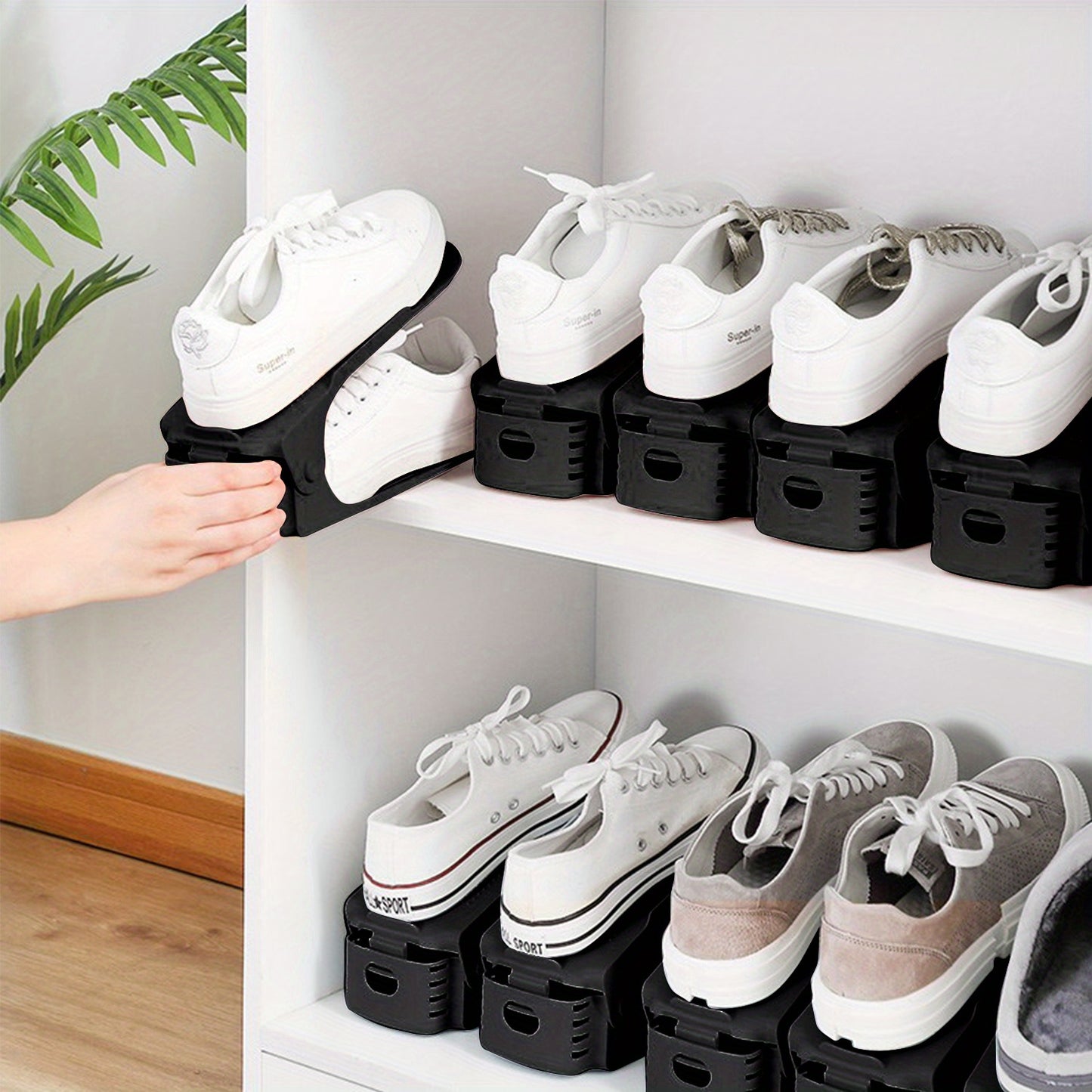10 pezzi 30 pezzi Organizer per scarpe regolabili in materiale PP Impilatore per scarpe antiscivolo con organizer per scarpe regolabile in altezza a 3 altezze Set di impilatori per scarpe a doppio strato Risparmio di spazio Scarpiera Bianco Nero