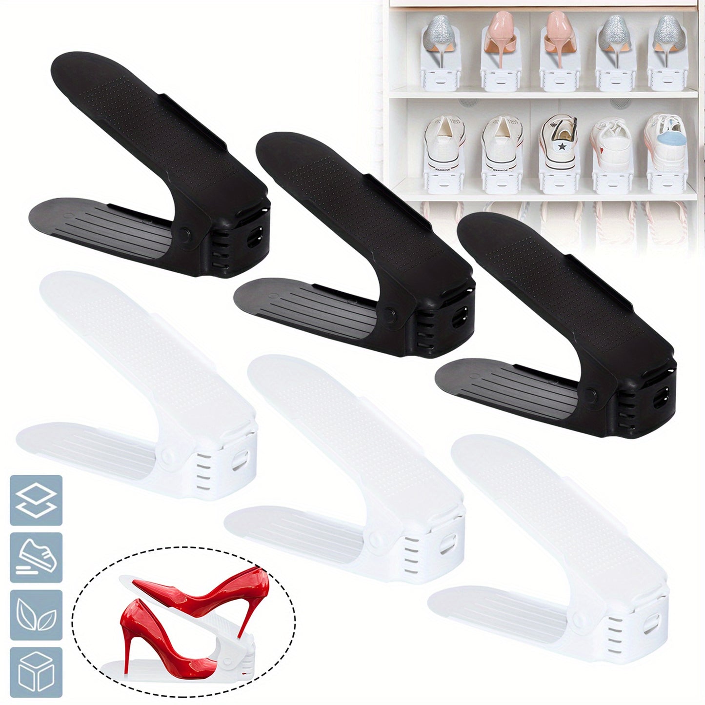 10 pezzi 30 pezzi Organizer per scarpe regolabili in materiale PP Impilatore per scarpe antiscivolo con organizer per scarpe regolabile in altezza a 3 altezze Set di impilatori per scarpe a doppio strato Risparmio di spazio Scarpiera Bianco Nero
