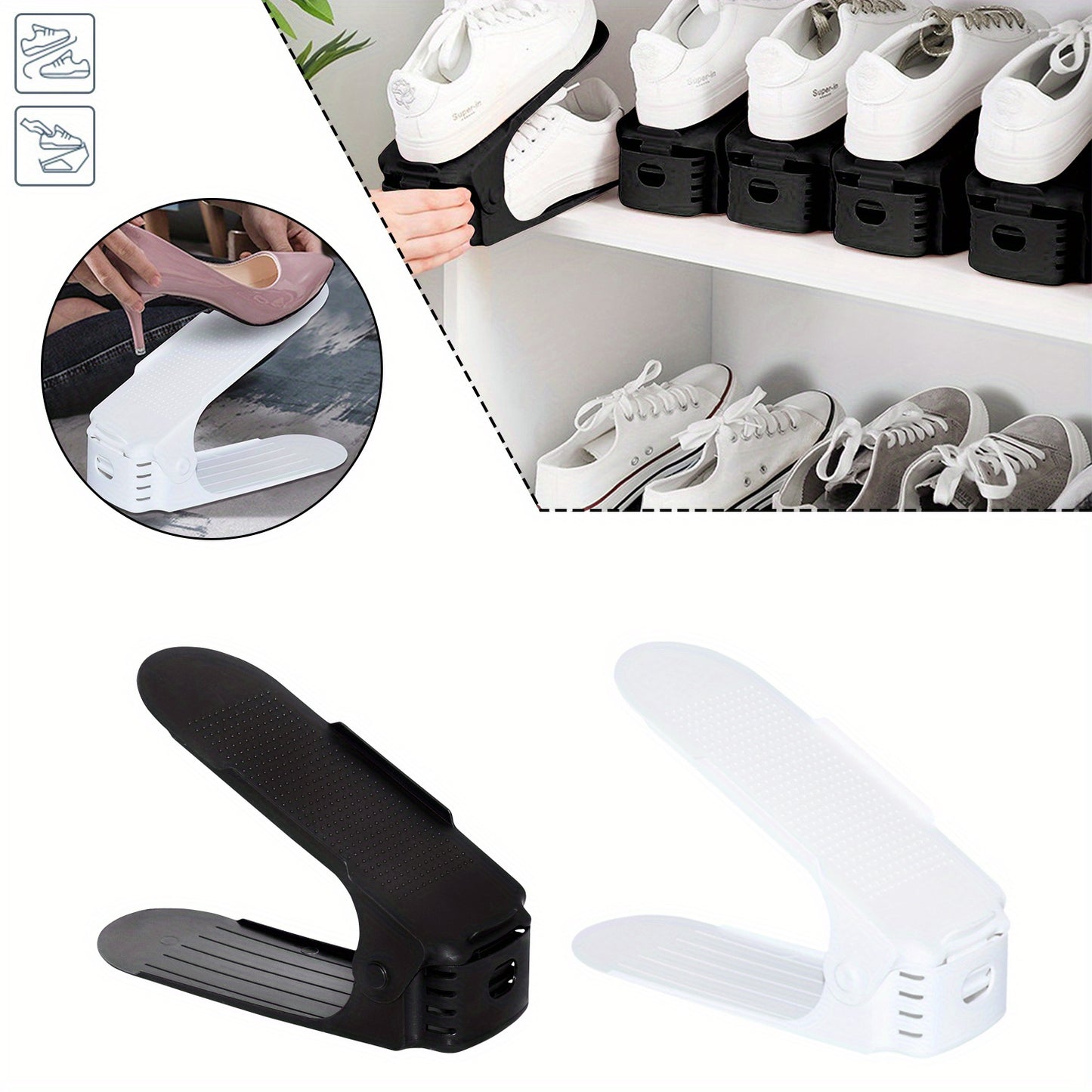 10 pezzi 30 pezzi Organizer per scarpe regolabili in materiale PP Impilatore per scarpe antiscivolo con organizer per scarpe regolabile in altezza a 3 altezze Set di impilatori per scarpe a doppio strato Risparmio di spazio Scarpiera Bianco Nero