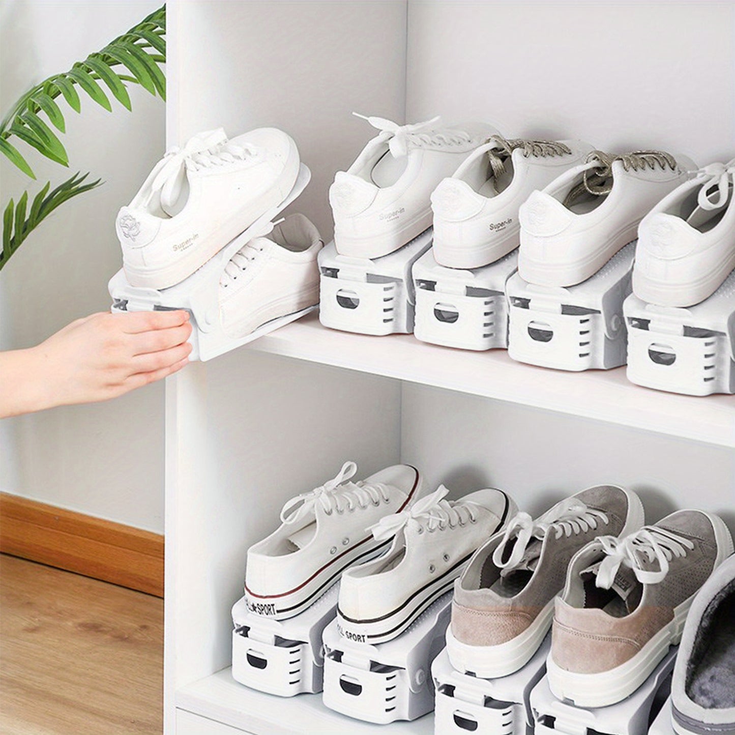 10 pezzi 30 pezzi Organizer per scarpe regolabili in materiale PP Impilatore per scarpe antiscivolo con organizer per scarpe regolabile in altezza a 3 altezze Set di impilatori per scarpe a doppio strato Risparmio di spazio Scarpiera Bianco Nero