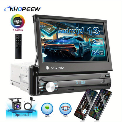 NHOPEEW Autoradio per Android 13, 2GB+64GB, Lettore Musicale per Auto con Schermo Touch da 17,78 cm, Carplayer Wireless e Android Auto Wireless con Mirror Link, WiFi, GPS, Radio FM/RDS, con Fotocamera a 12 LED e Microfono (Opzionale)