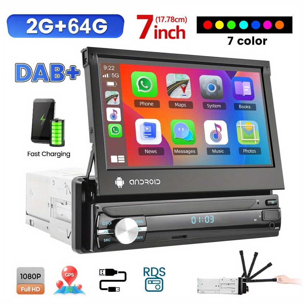 NHOPEEW Autoradio per Android 13, 2GB+64GB, Lettore Musicale per Auto con Schermo Touch da 17,78 cm, Carplayer Wireless e Android Auto Wireless con Mirror Link, WiFi, GPS, Radio FM/RDS, con Fotocamera a 12 LED e Microfono (Opzionale)