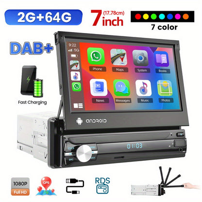 NHOPEEW Autoradio per Android 13, 2GB+64GB, Lettore Musicale per Auto con Schermo Touch da 17,78 cm, Carplayer Wireless e Android Auto Wireless con Mirror Link, WiFi, GPS, Radio FM/RDS, con Fotocamera a 12 LED e Microfono (Opzionale)