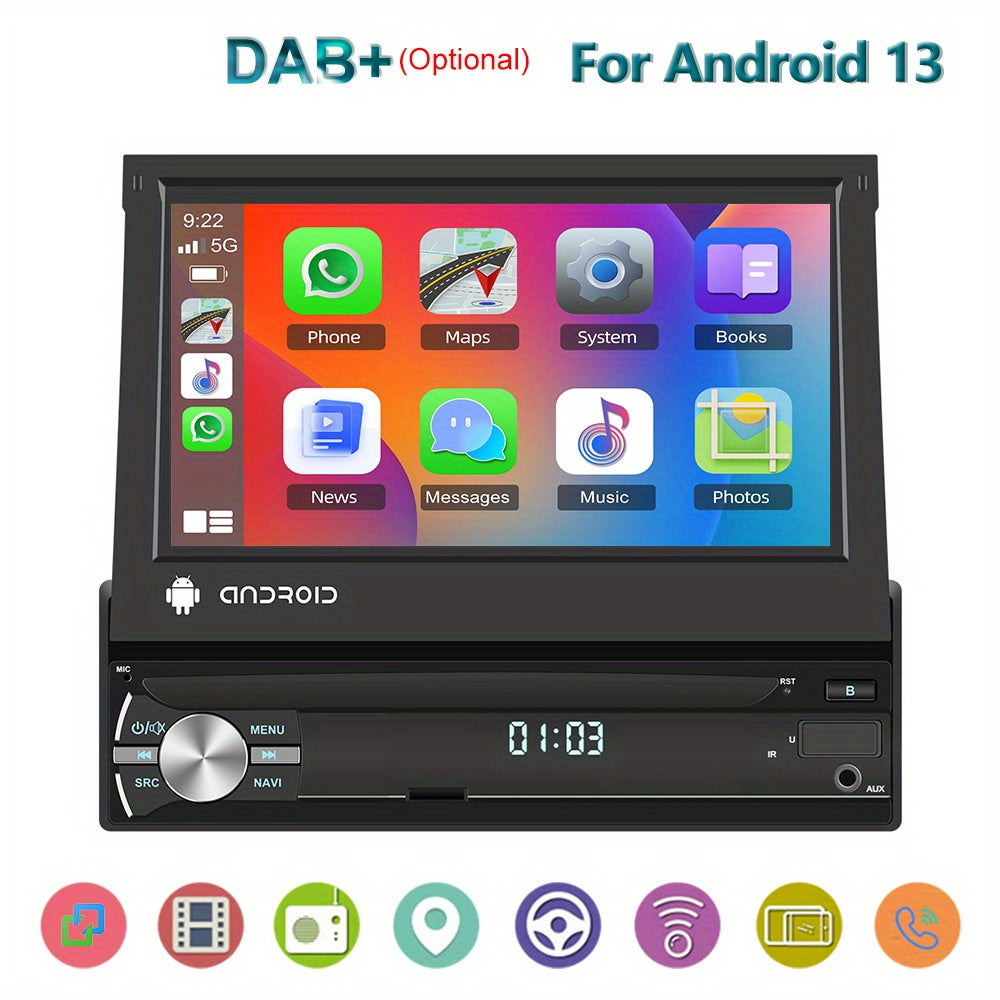 NHOPEEW Autoradio per Android 13, 2GB+64GB, Lettore Musicale per Auto con Schermo Touch da 17,78 cm, Carplayer Wireless e Android Auto Wireless con Mirror Link, WiFi, GPS, Radio FM/RDS, con Fotocamera a 12 LED e Microfono (Opzionale)
