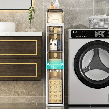Mobiletto bagno sottile a 5 ripiani | Contenitore da pavimento indipendente con cassetti e maniglie, ideale per piccoli spazi, lavanderie, cucine, camere da letto, corridoi, plastica resistente, design classico, con ruote, perfetto per appartamenti e