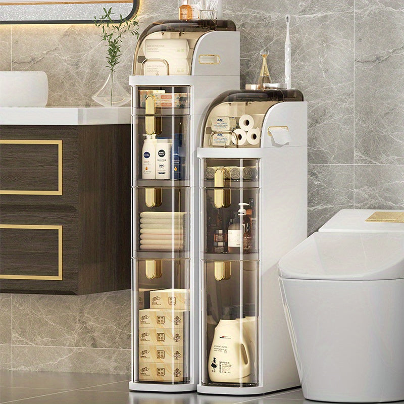 Mobiletto bagno sottile a 5 ripiani | Contenitore da pavimento indipendente con cassetti e maniglie, ideale per piccoli spazi, lavanderie, cucine, camere da letto, corridoi, plastica resistente, design classico, con ruote, perfetto per appartamenti e
