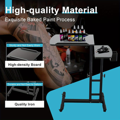 Postazione da lavoro per tatuaggi con poggia braccia, stazione di lavoro mobile per tatuaggi regolabile in altezza, vassoio portatile con supporto a rotelle, fornitura di attrezzatura per disegno per studio e tatuatore